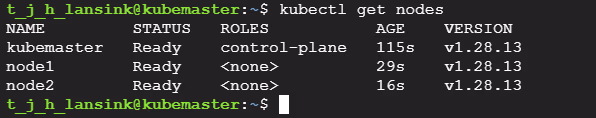 kubectl get nodes: drie nodes in Ready-status