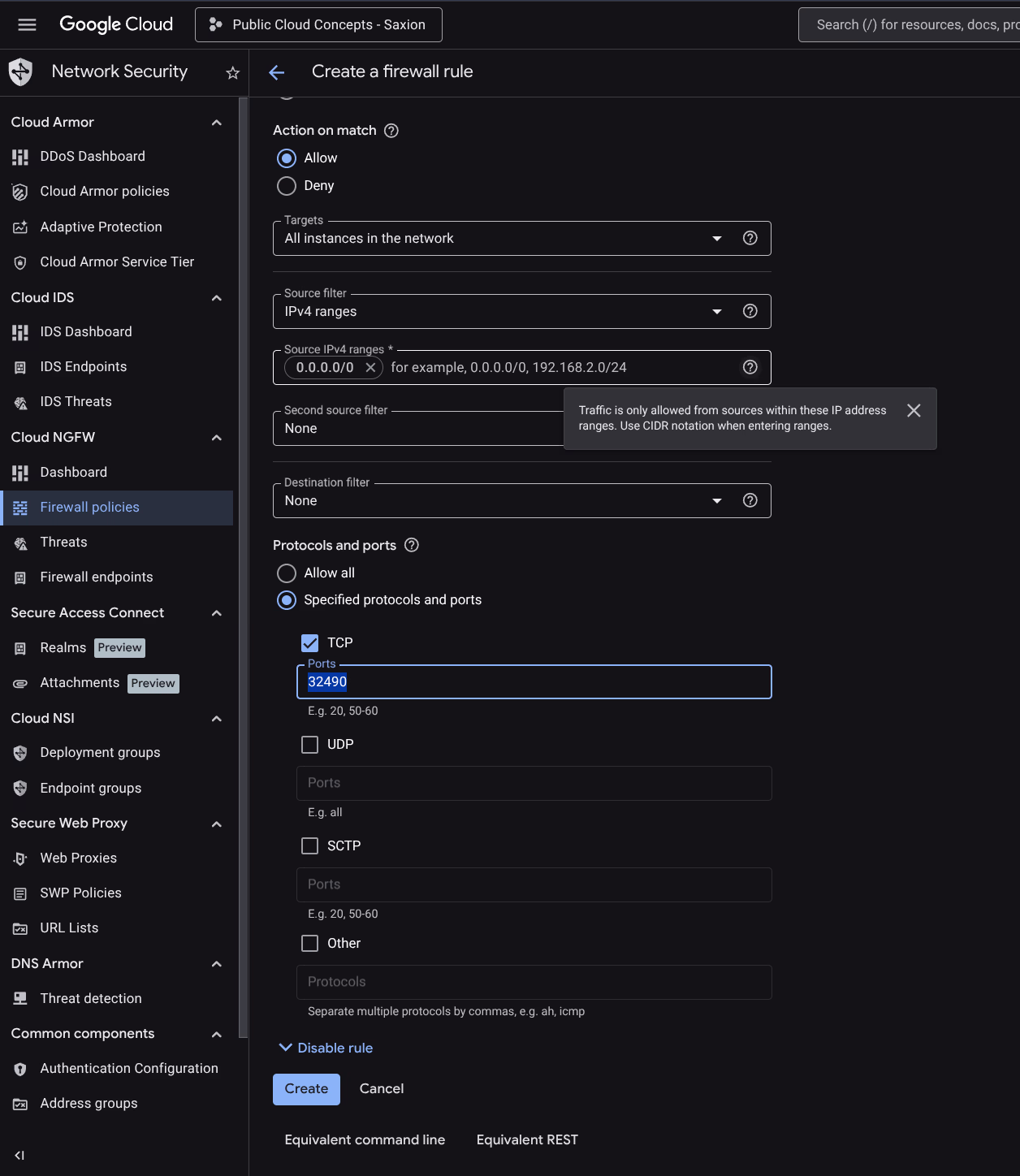 Firewallregel aanmaken in GCP console