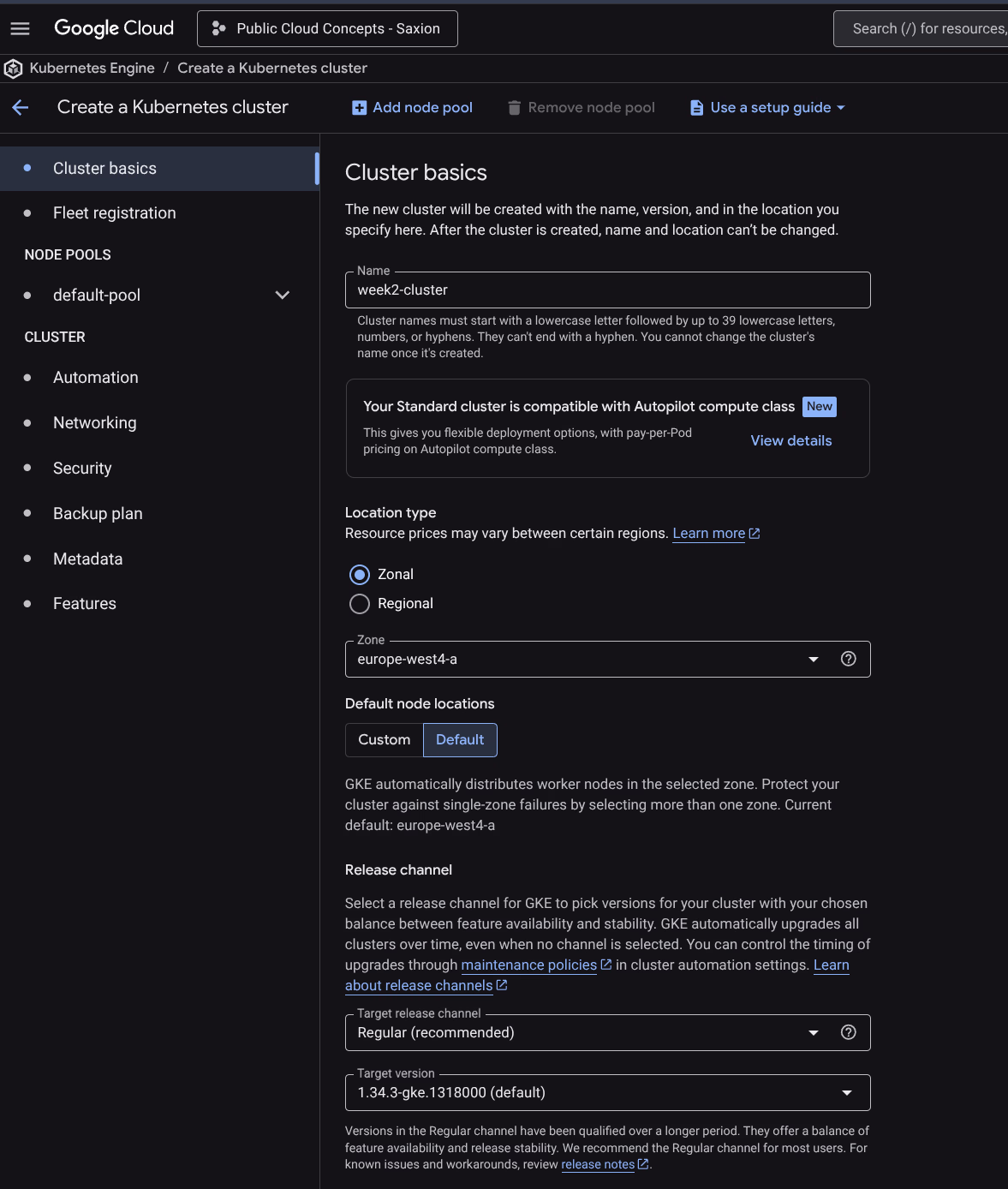GKE cluster basis instellingen