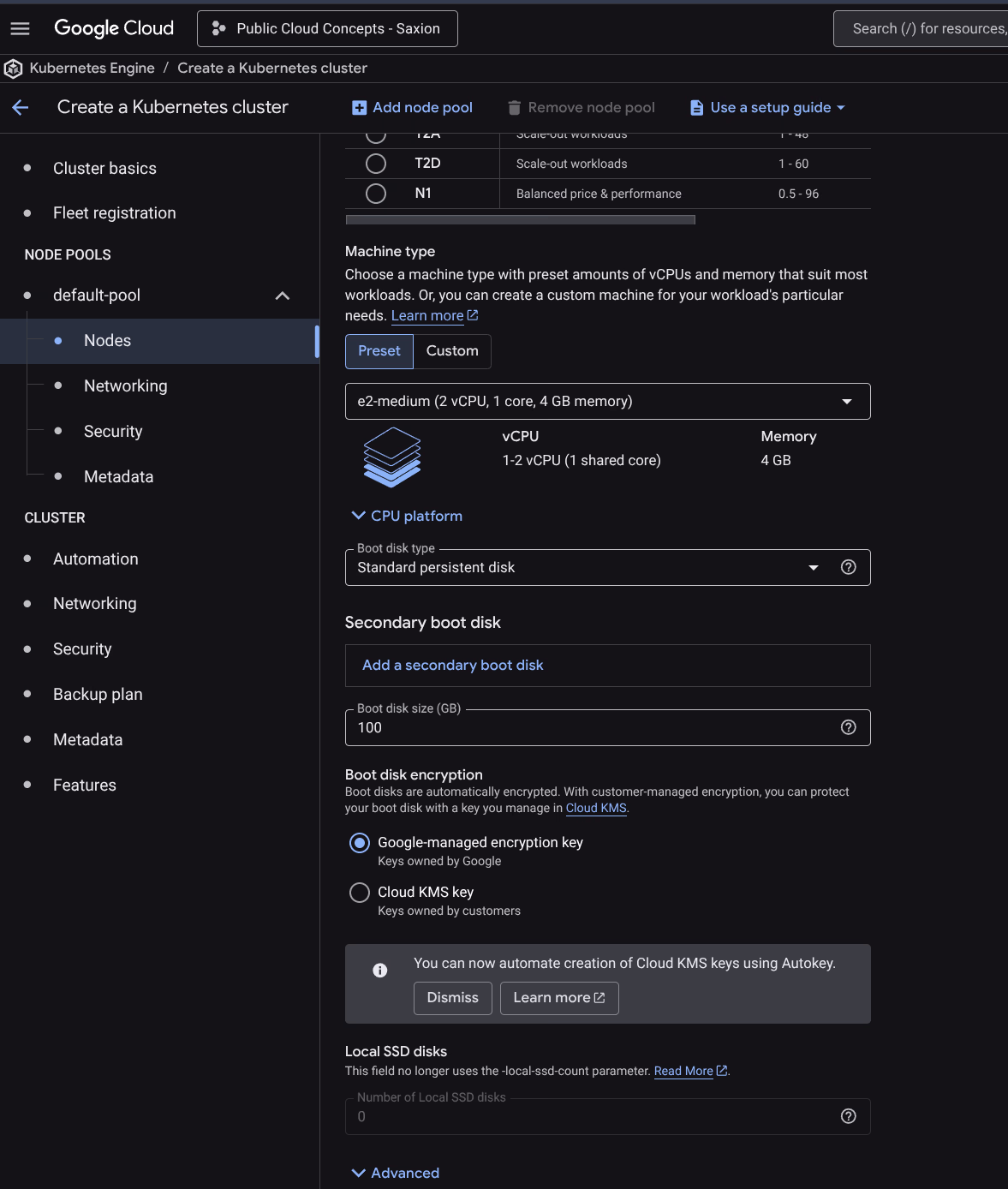 GKE node machine type e2-medium