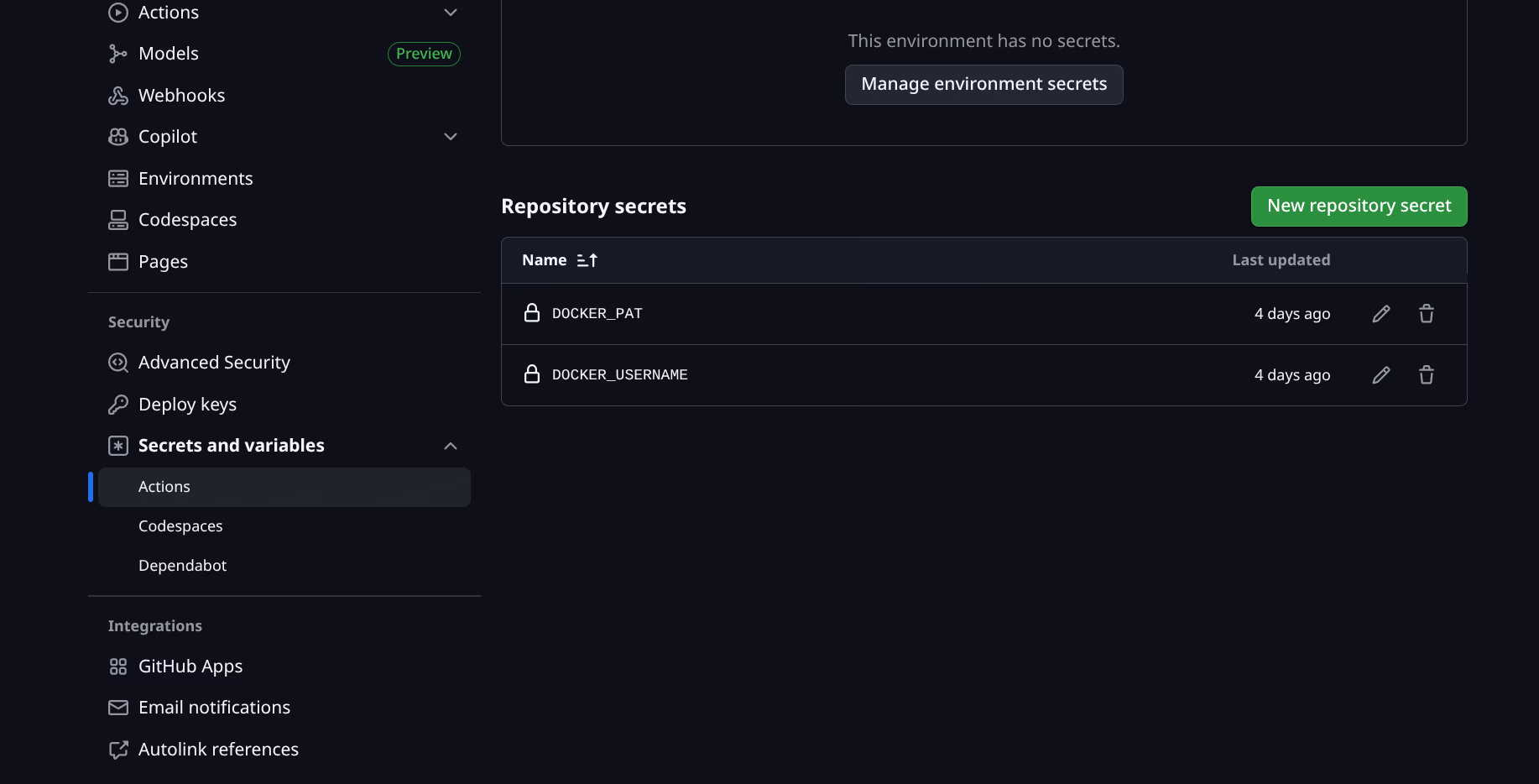 GitHub Secrets gedeeltelijk ingesteld