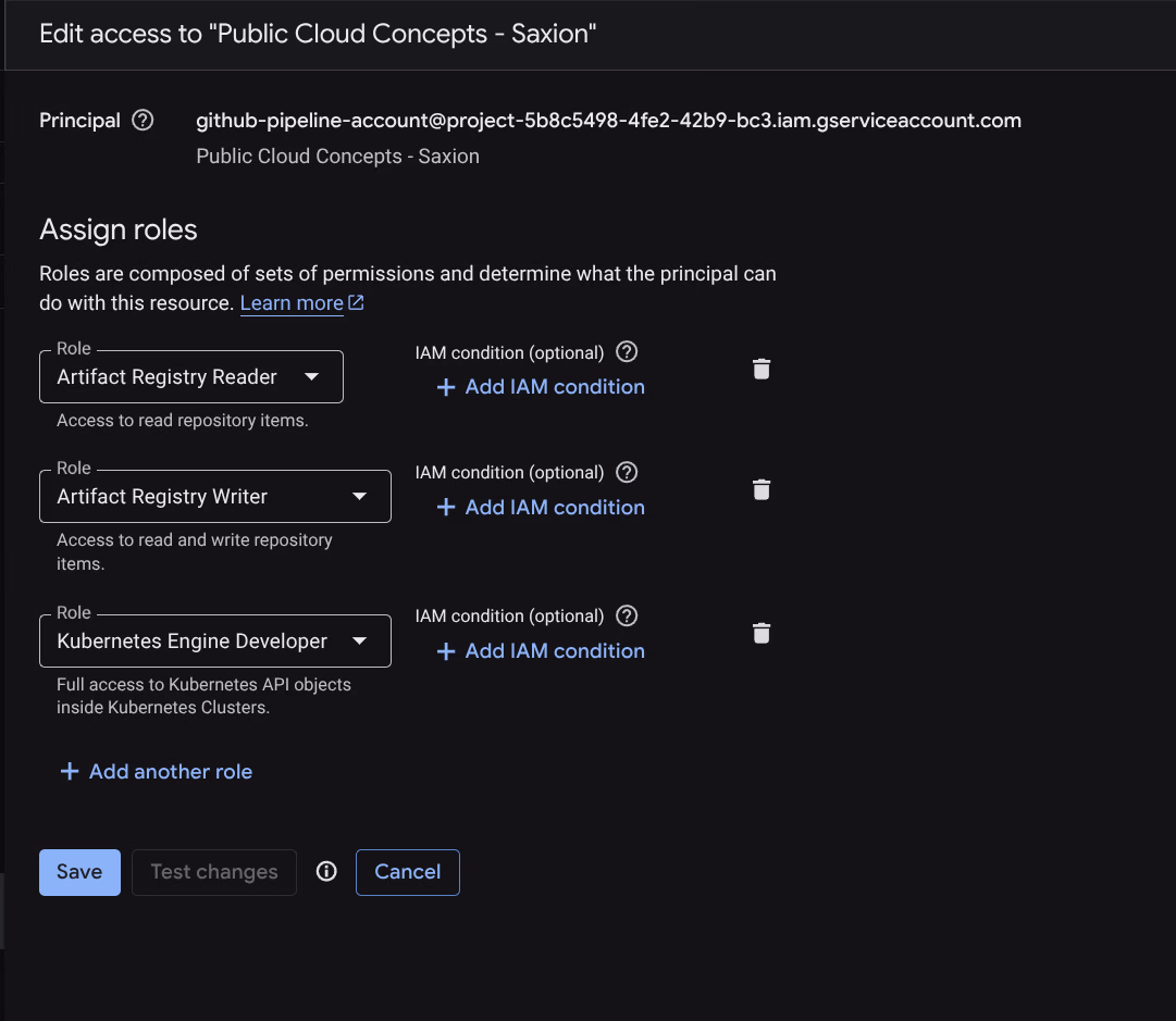 IAM-rechten van het GitHub pipeline service account