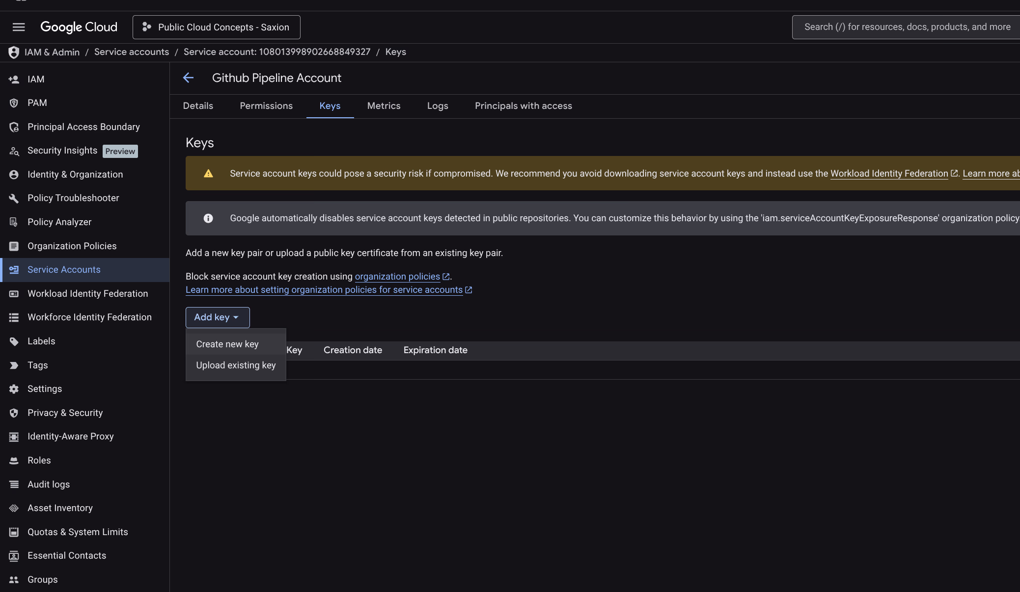 Service account keys overzicht