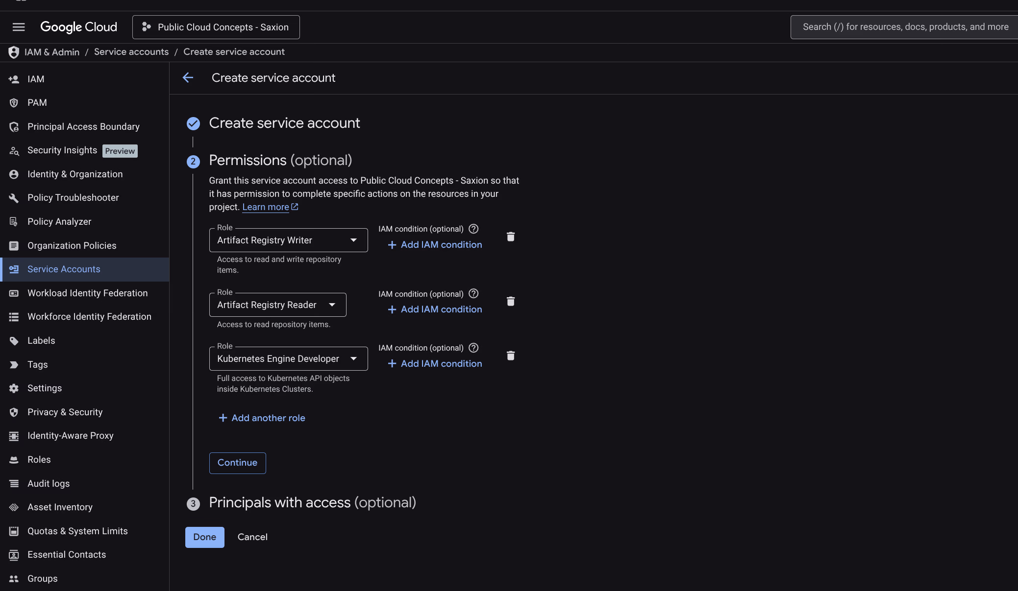 Rollen toegewezen aan het service account