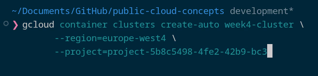 Autopilot cluster week4-cluster aanmaken in de Google Cloud Console