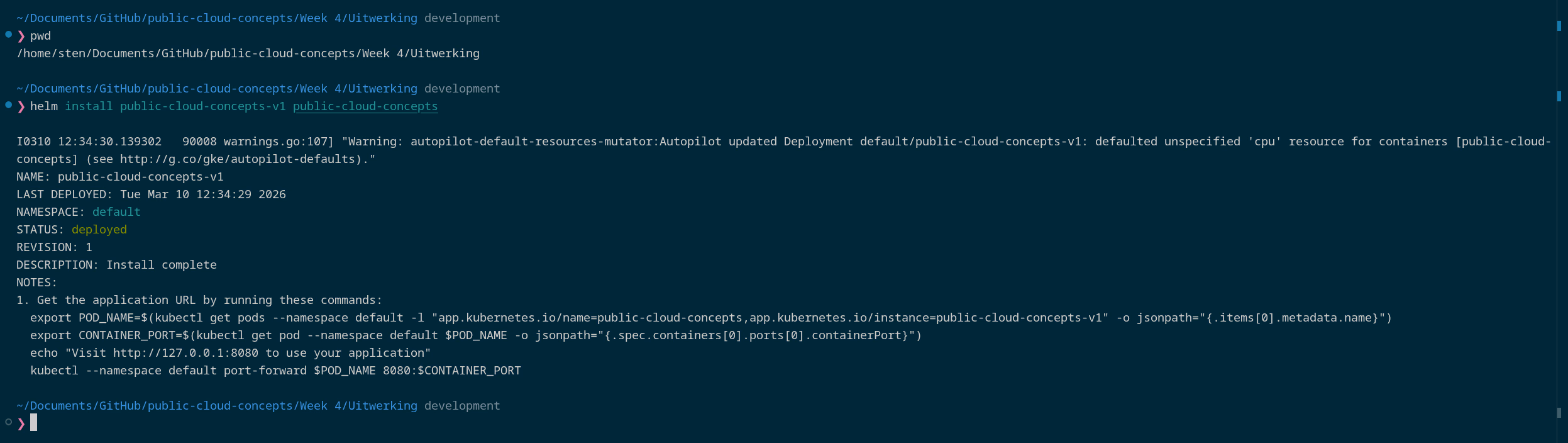 Uitvoer van helm install met STATUS deployed en REVISION 1