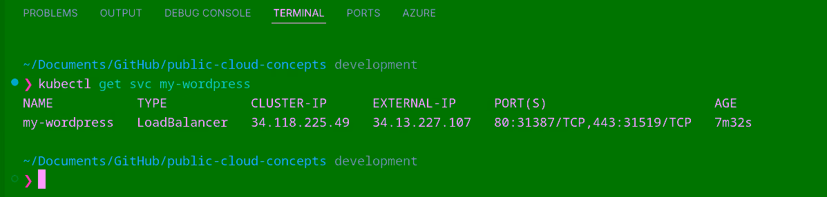 kubectl get svc toont my-wordpress als LoadBalancer met extern IP