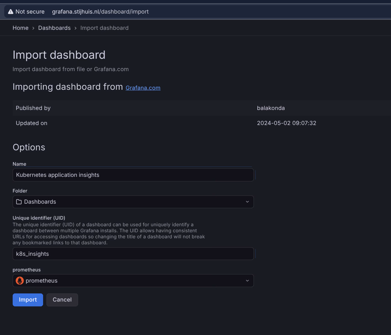 Dashboard importeren in Grafana met Prometheus als datasource