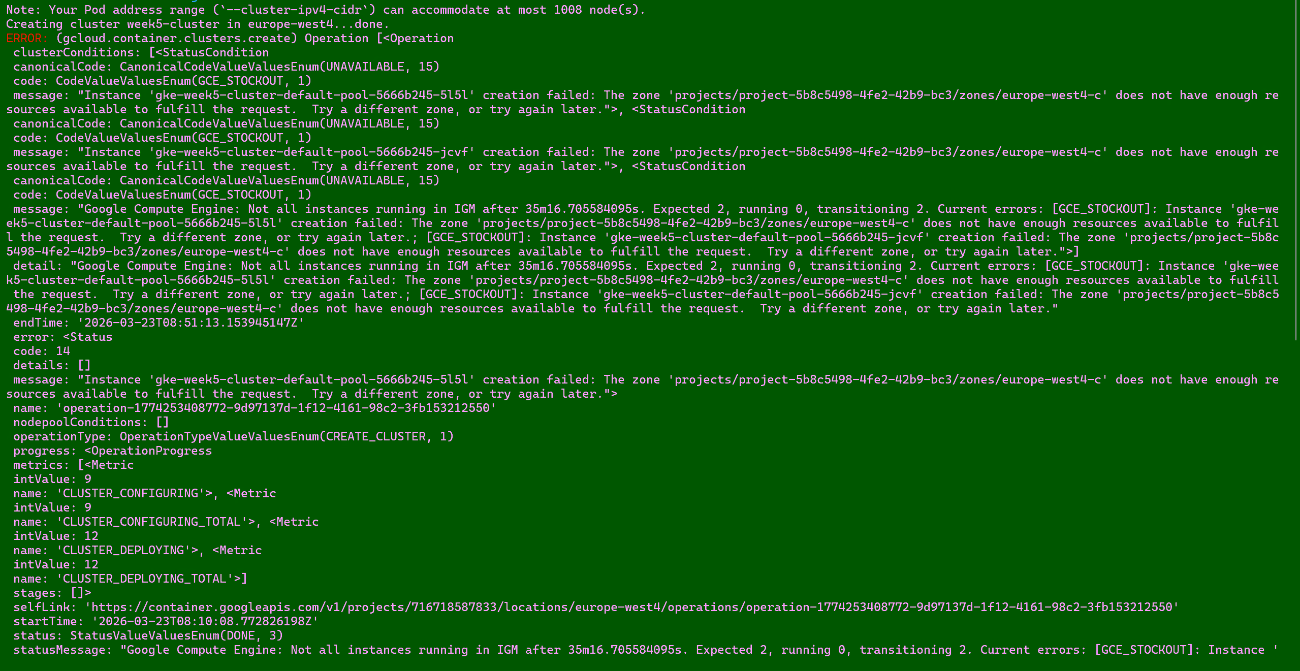 GCE_STOCKOUT fout in de terminal tijdens cluster aanmaken