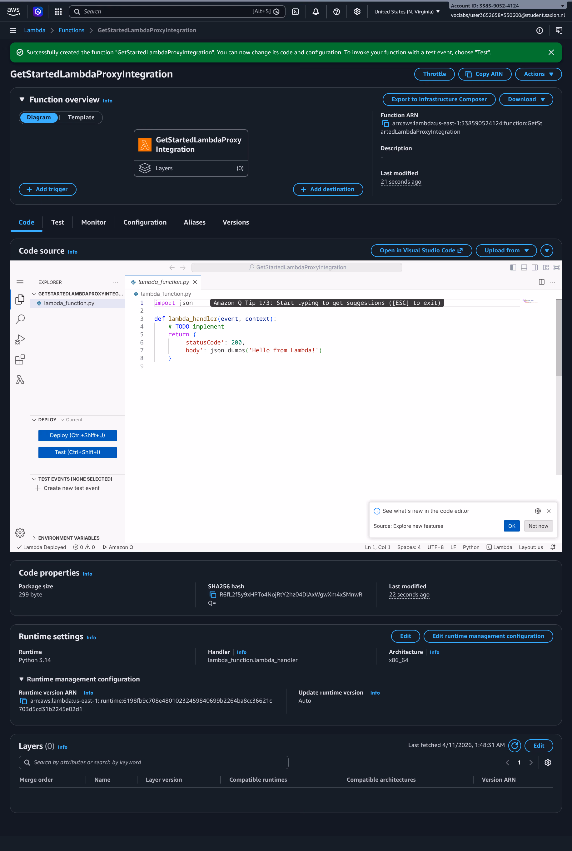 Lambda functie aangemaakt met Python 3.14 en LabRole