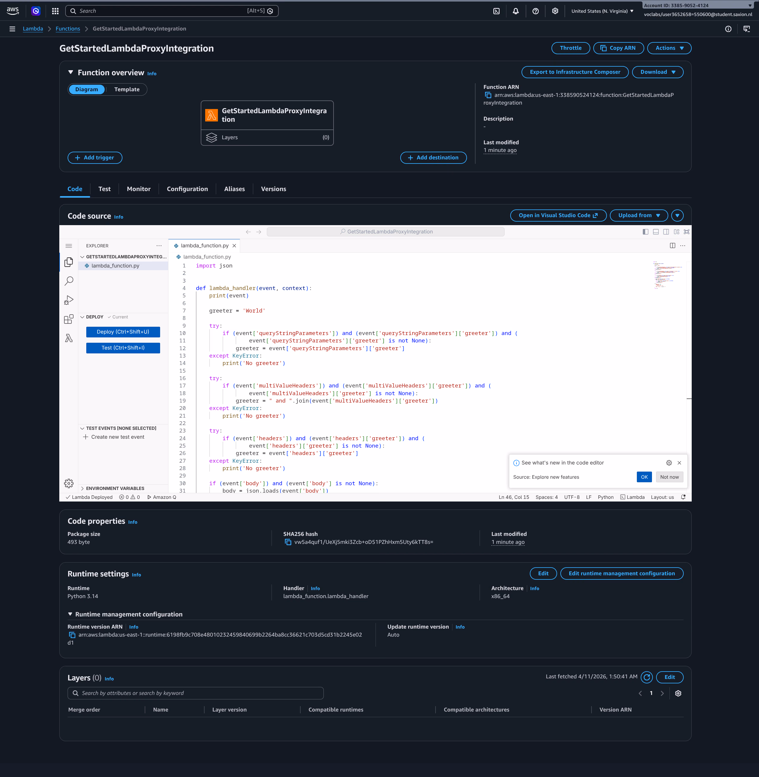 Lambda code geplakt en gedeployed